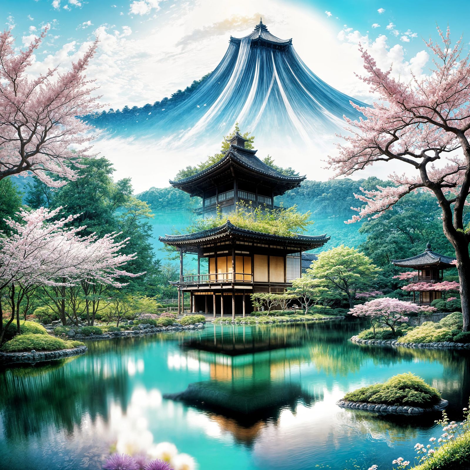 Sunlit Japanese Garden with Shadows