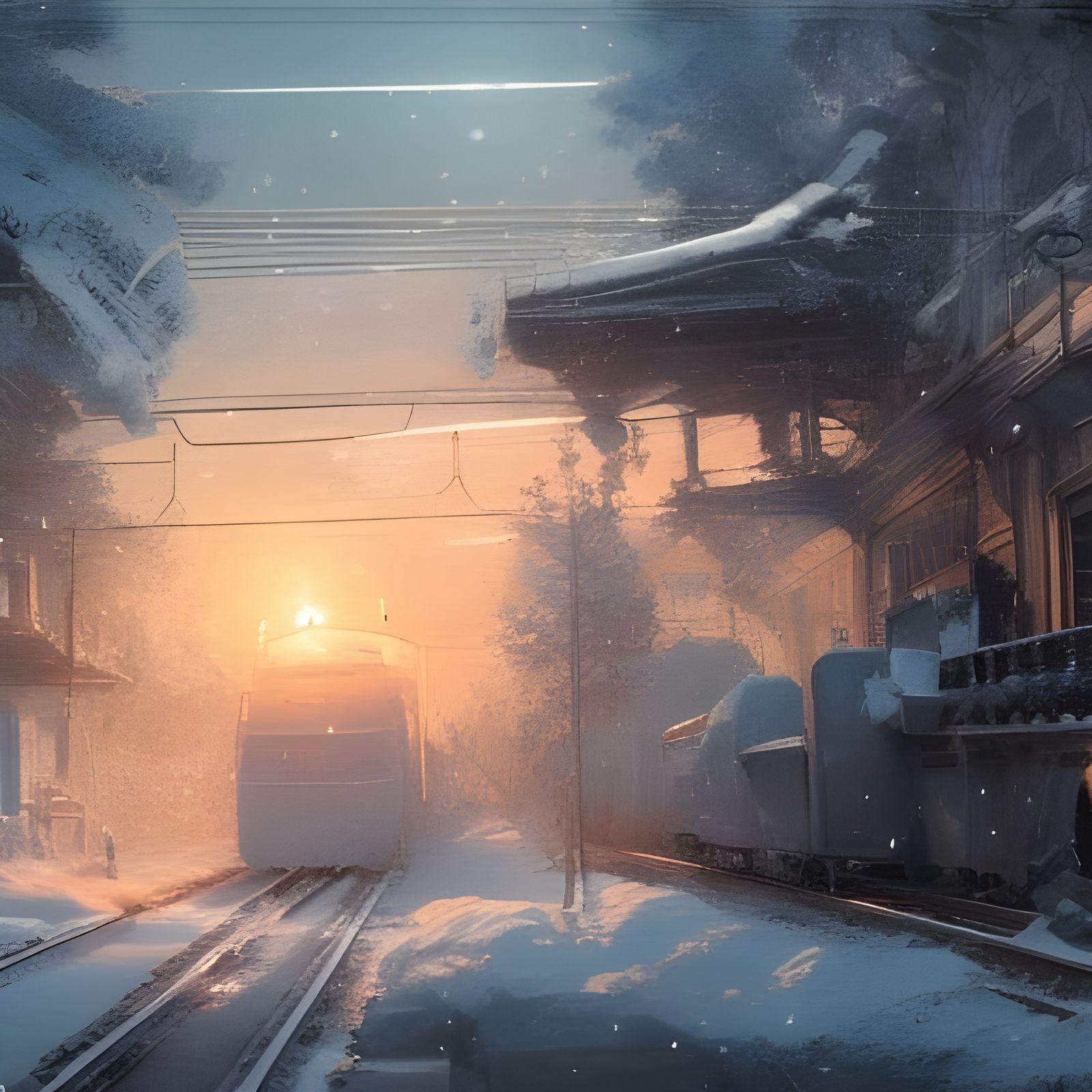 Snowy Train Station in Art Nouveau Style