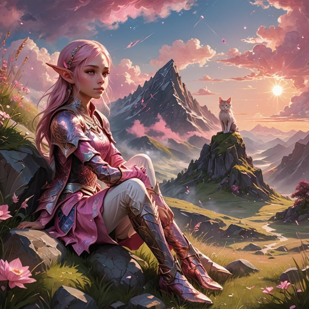 Elf and Cat Enjoy Sunset in Mountain Field