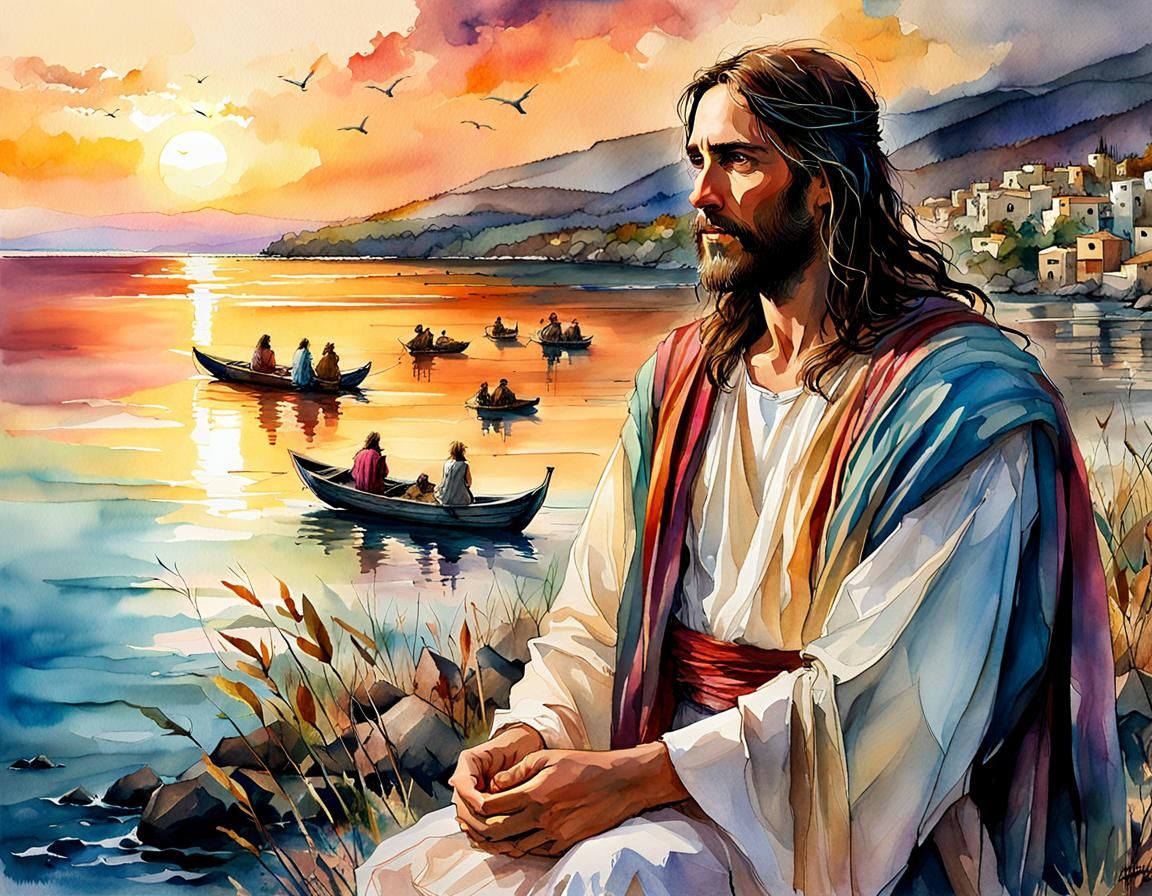 Jesus on Galilee Shore: Digital Watercolor Summerscape