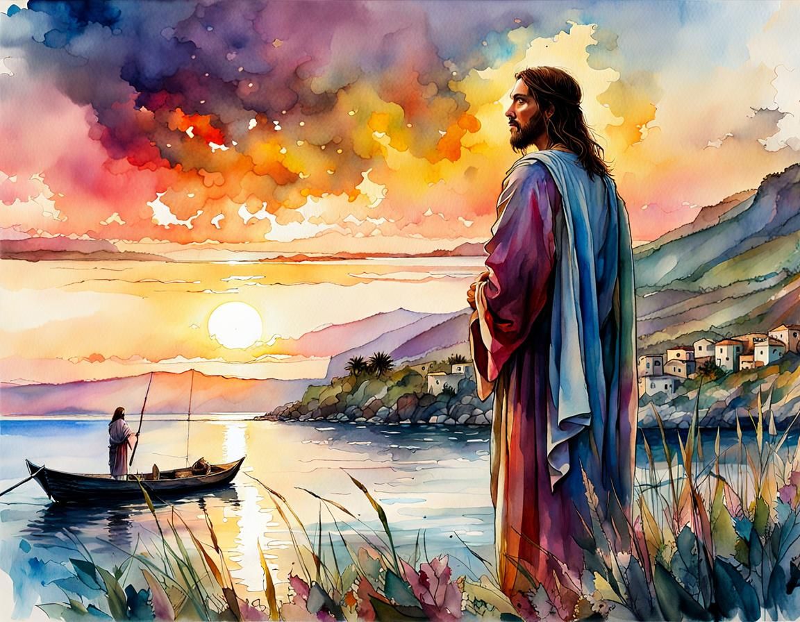 Jesus Watches Fishermen at Galilee: Digital Watercolor