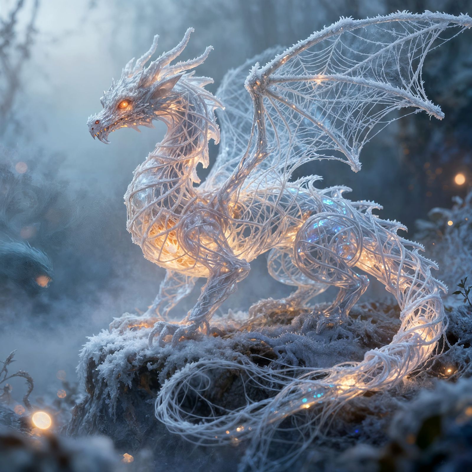 Ethereal Silk Dragon Glowing in Misty Fantasy Landscape