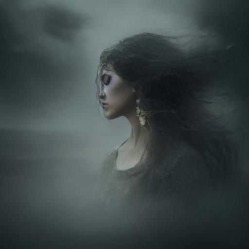 Ethereal Woman Emerges from Fog with Luminous Hair