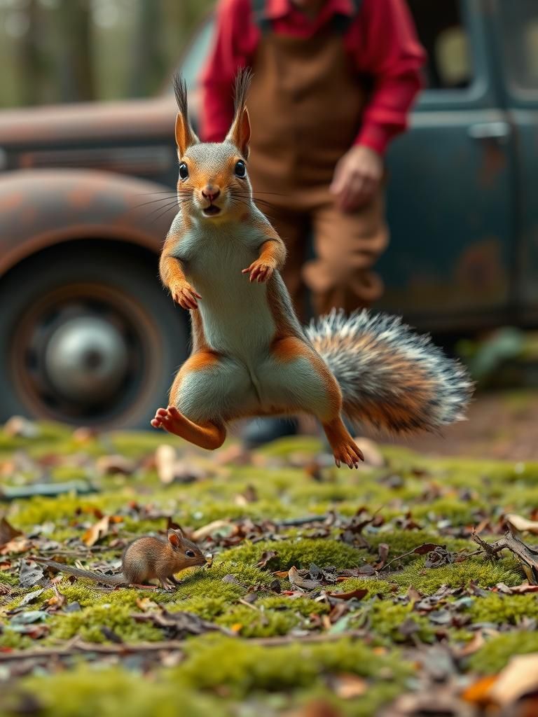 Surprised Squirrel Leaps at Mouse in Forest