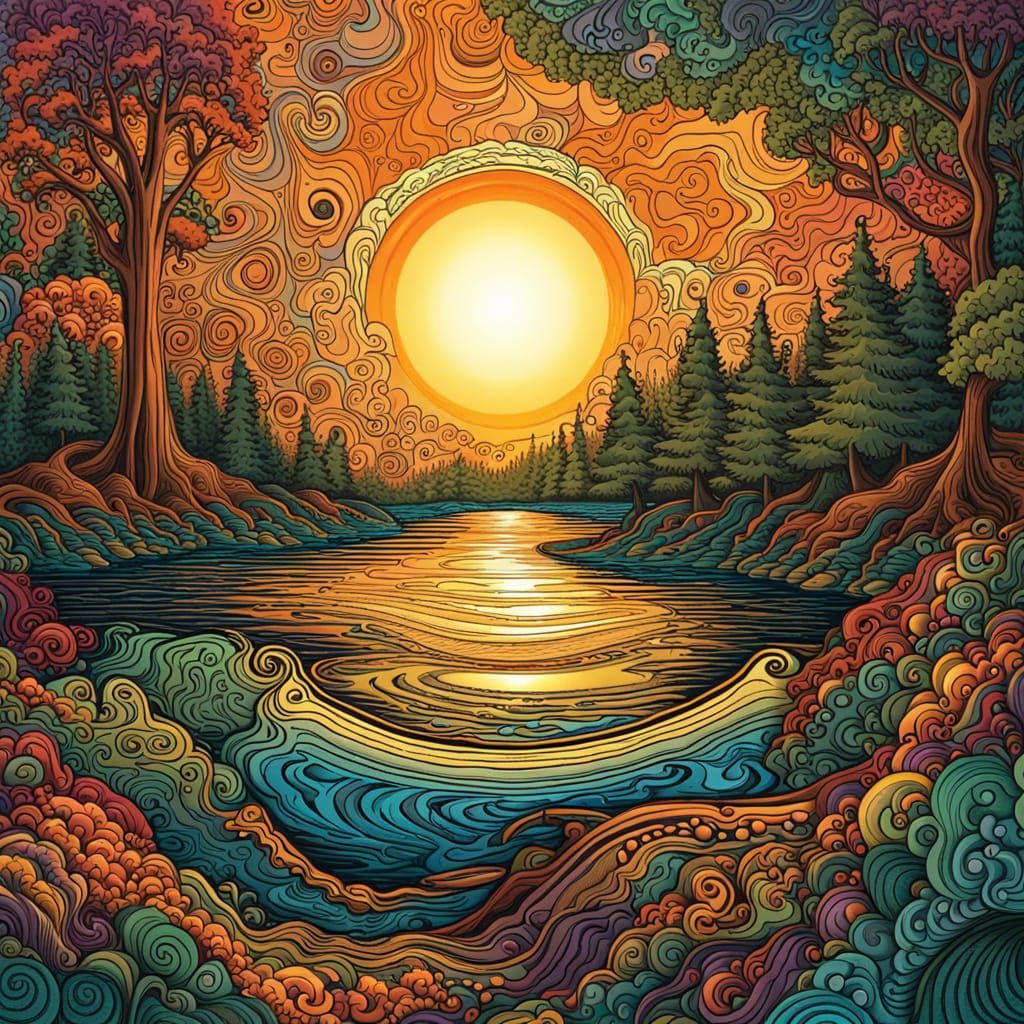 Psychedelic Sunbeams Reflect on Lake at Sunset