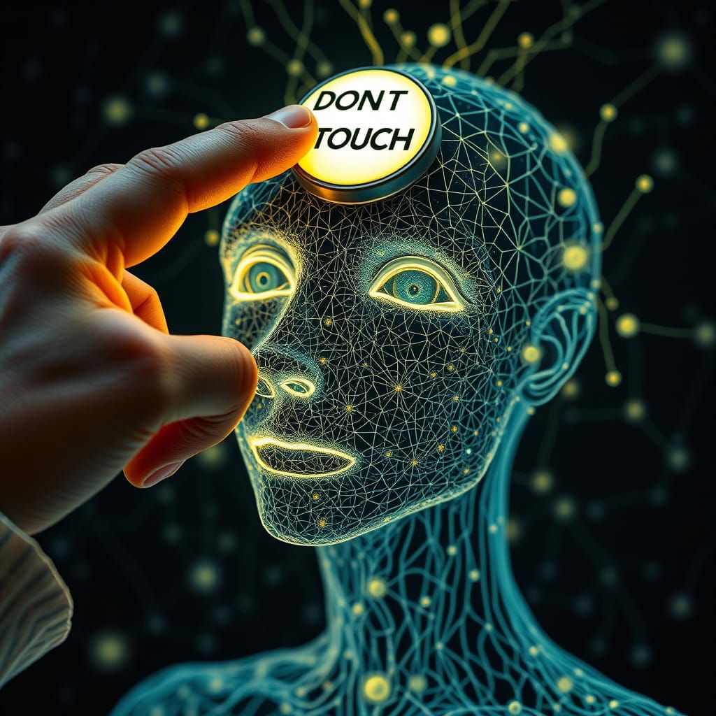 Finger on Warning Button of Glowing Human Bio Art Experiment