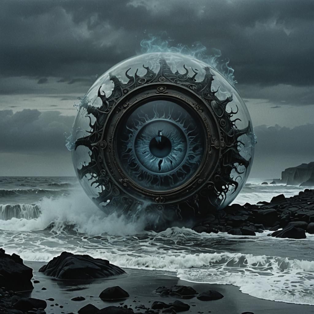 Glass A with Eye and Brain in Ominous Landscape