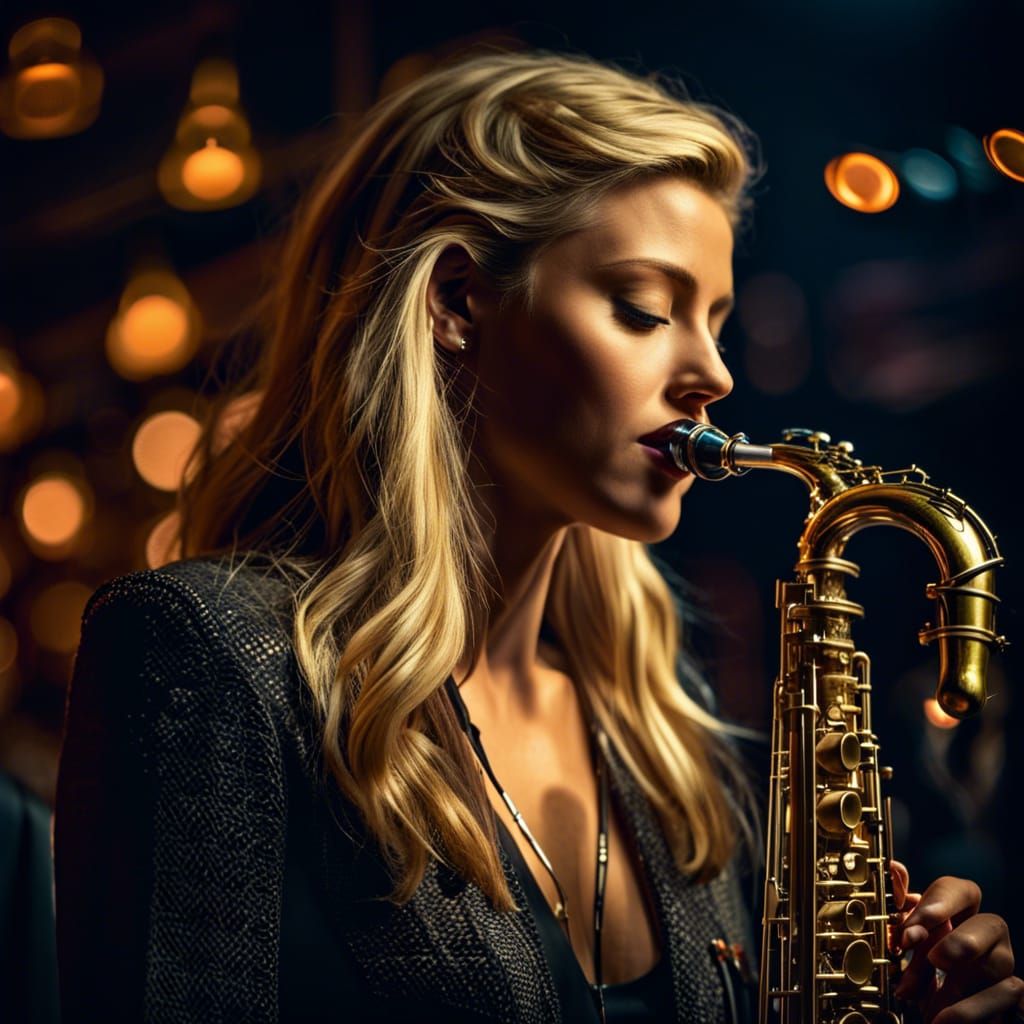 Blonde Woman Playing Saxophone at Concert