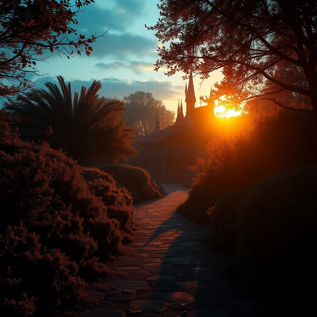 Golden Twilight Pathway to a Mystical House