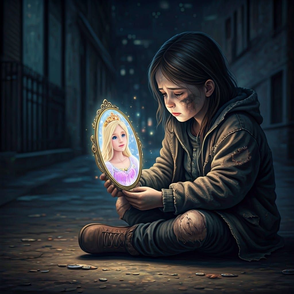 Homeless Girl's Princess Reflection in Dystopian Futurism