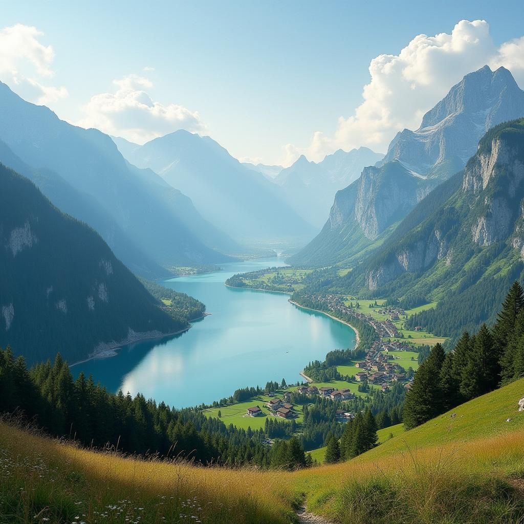 Lake Resia in Alpine Valley: Detailed Photorealistic Panoram...