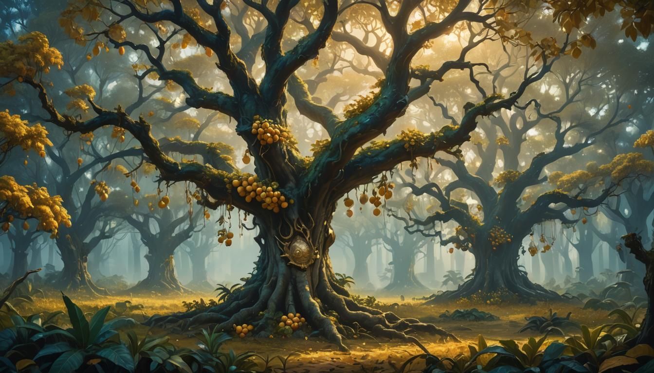 Golden Fruit Trees in Fantasy Landscape Concept Art