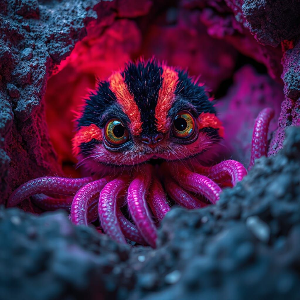 Neon Furry Creature with Tentacles in Grungy Style