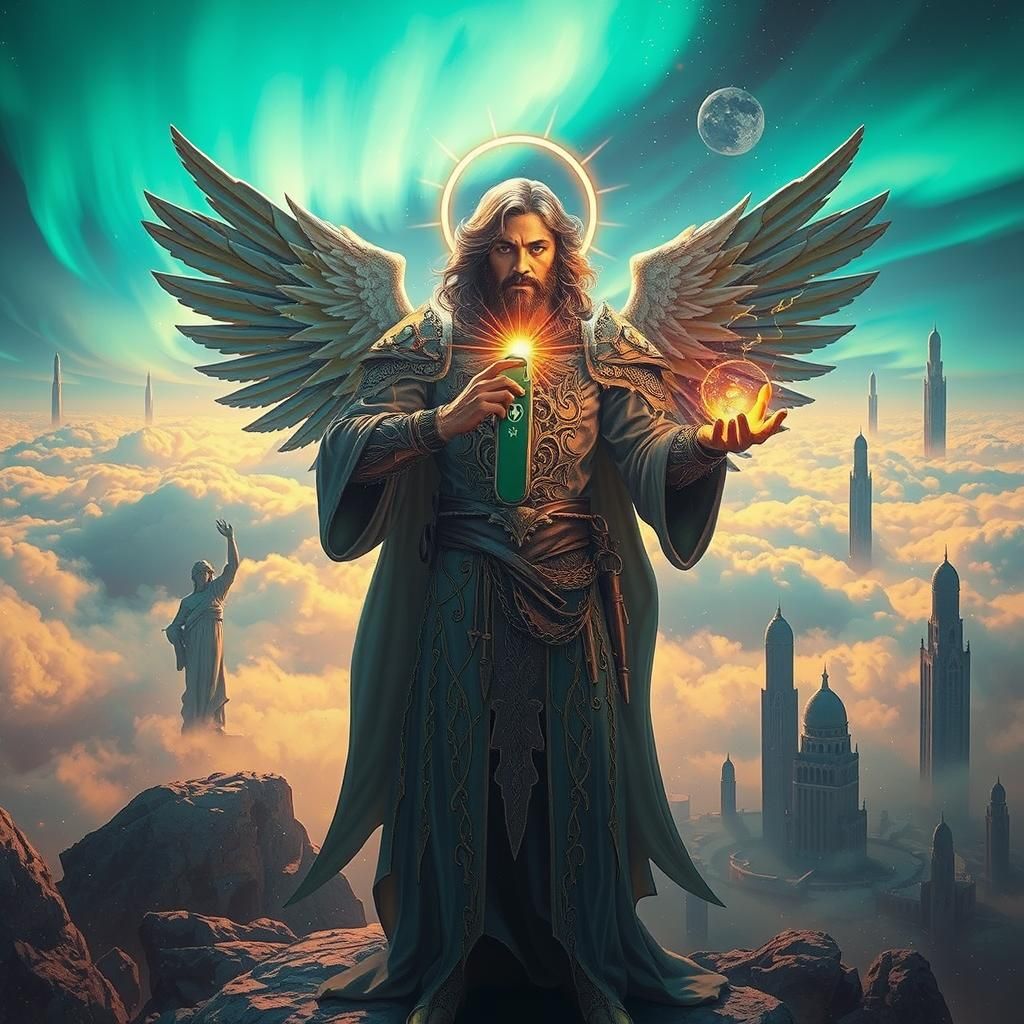 Archangel Wielding Swiss Army Knife in Astral Cloudscape