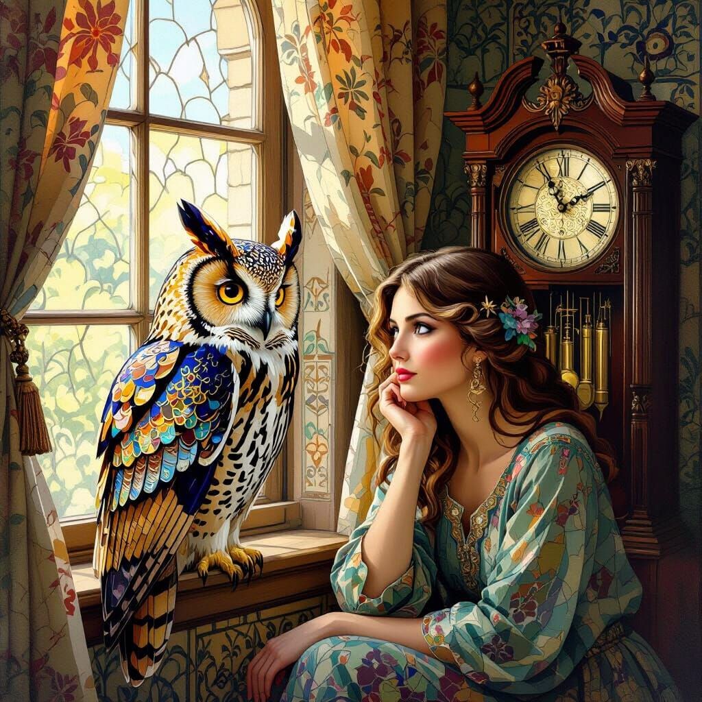 Mosaic Owl and Woman with Antique Clock, Gentle Breeze