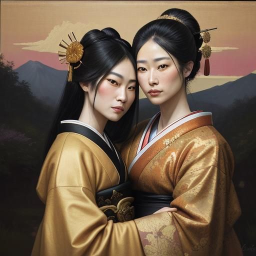 Geisha and Samurai Embrace: Romantic Oil Painting