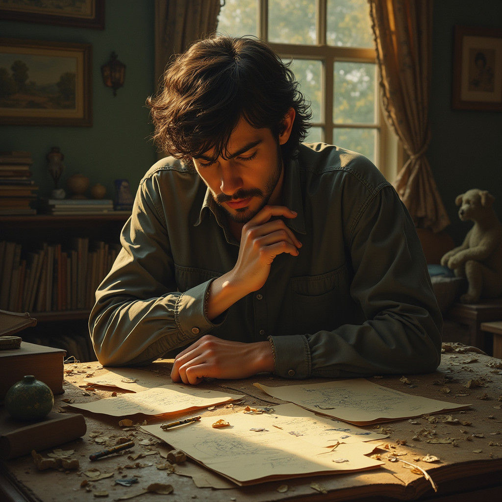 Thoughtful Person Reflects on Mistakes in Cozy Study