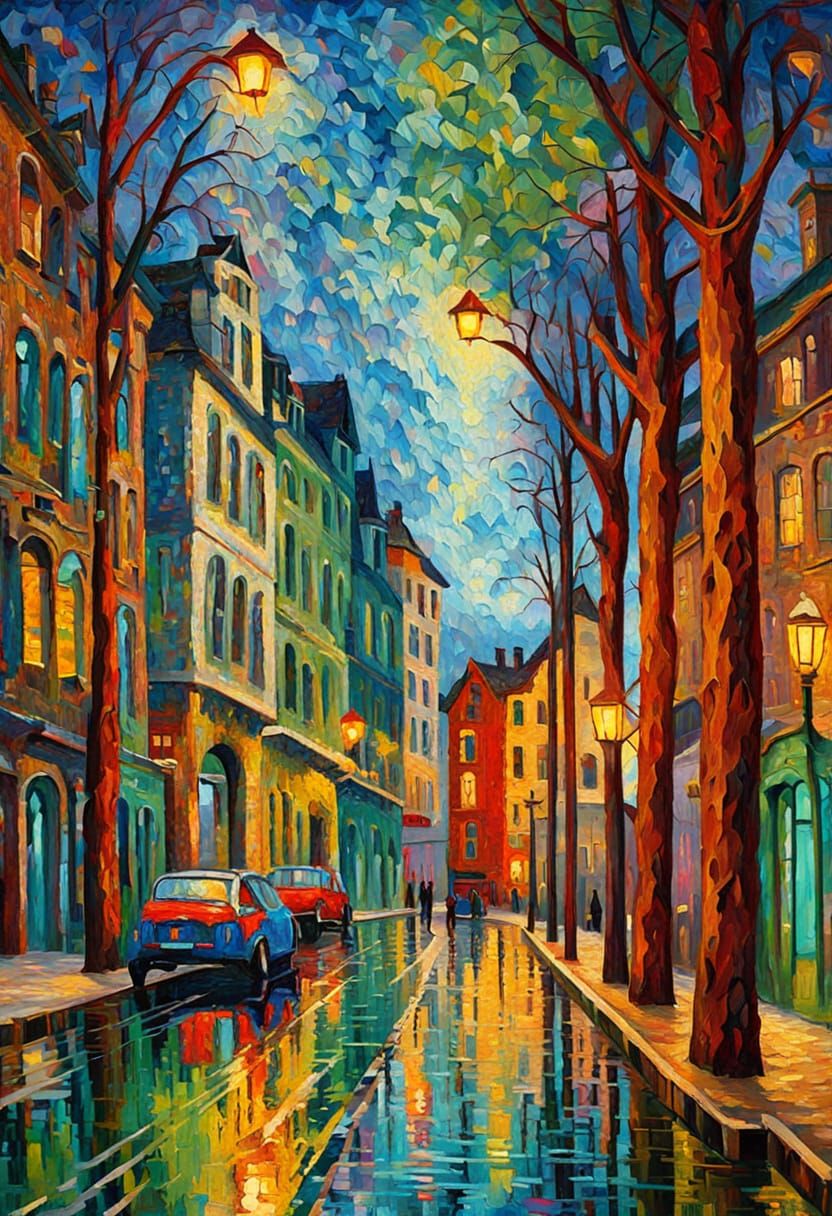 Neo-Expressionist Masterpiece: Vibrant Rainy Day Landscape