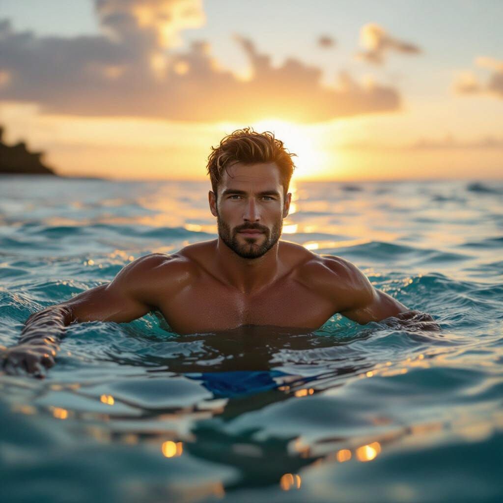 Man Swimming at Tropical Beach Sunset in Hyperrealistic Styl...