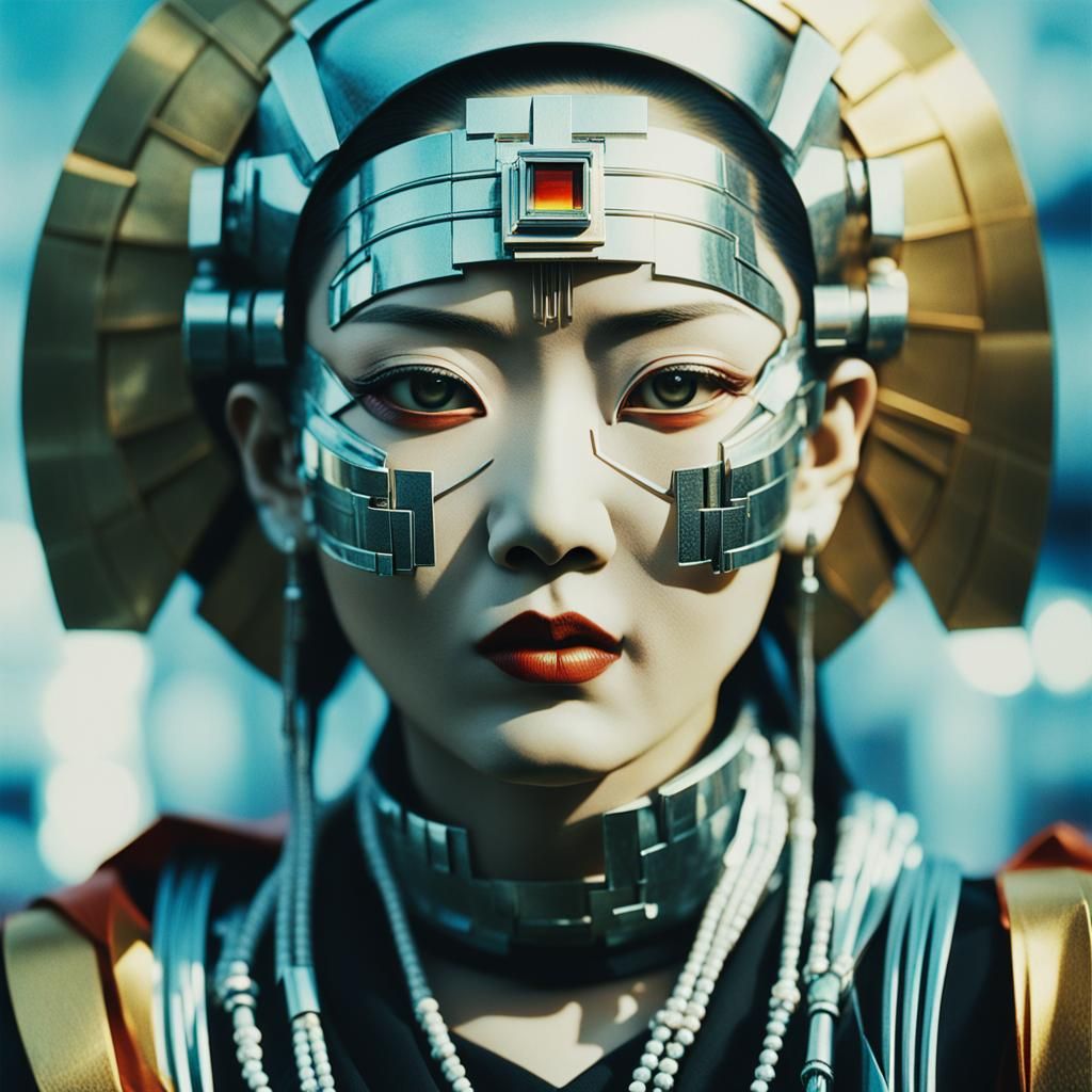 Cyberpunk Shinto Deity Portrait in Retro Polaroid Style