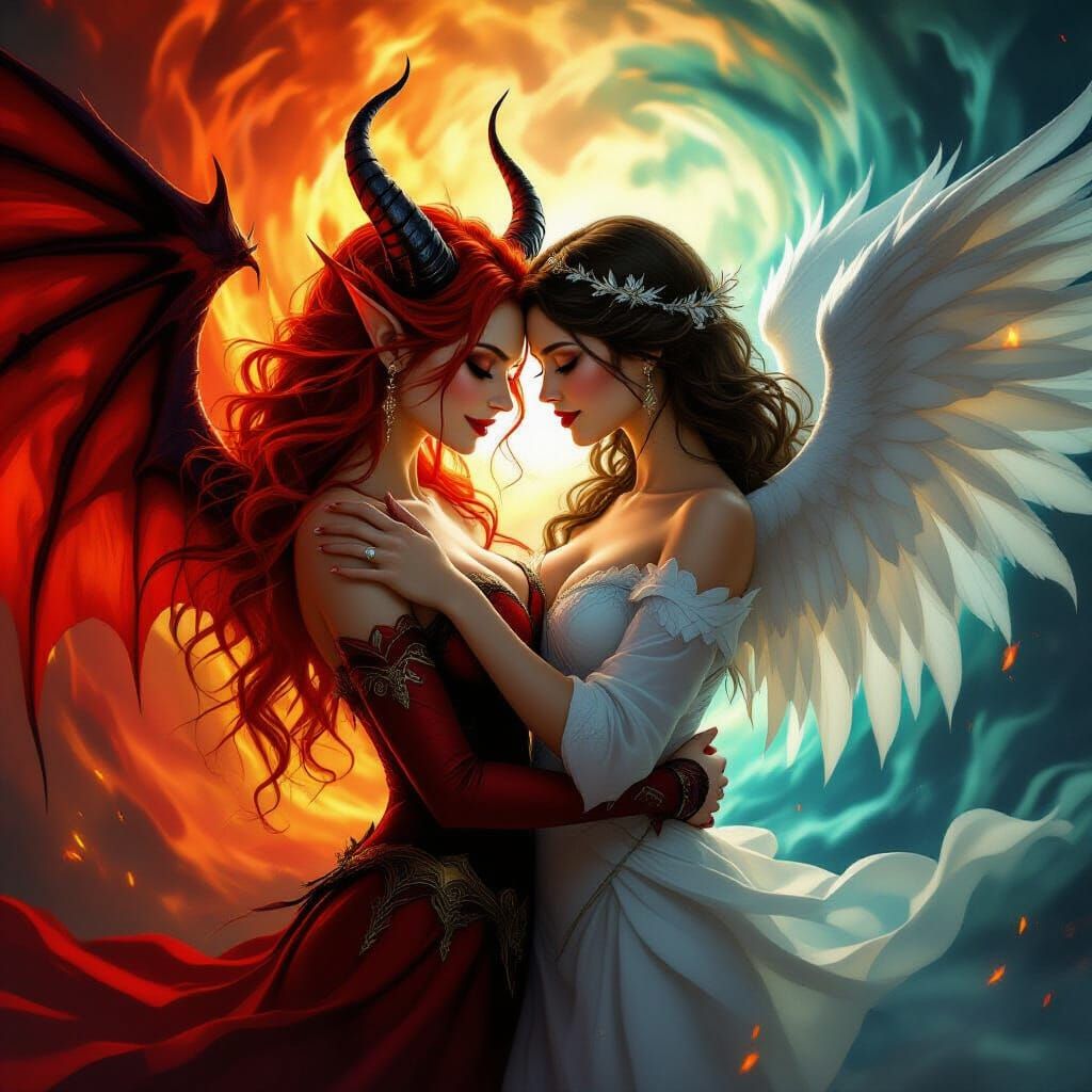 Demoness and Angel Embrace in Dramatic Light