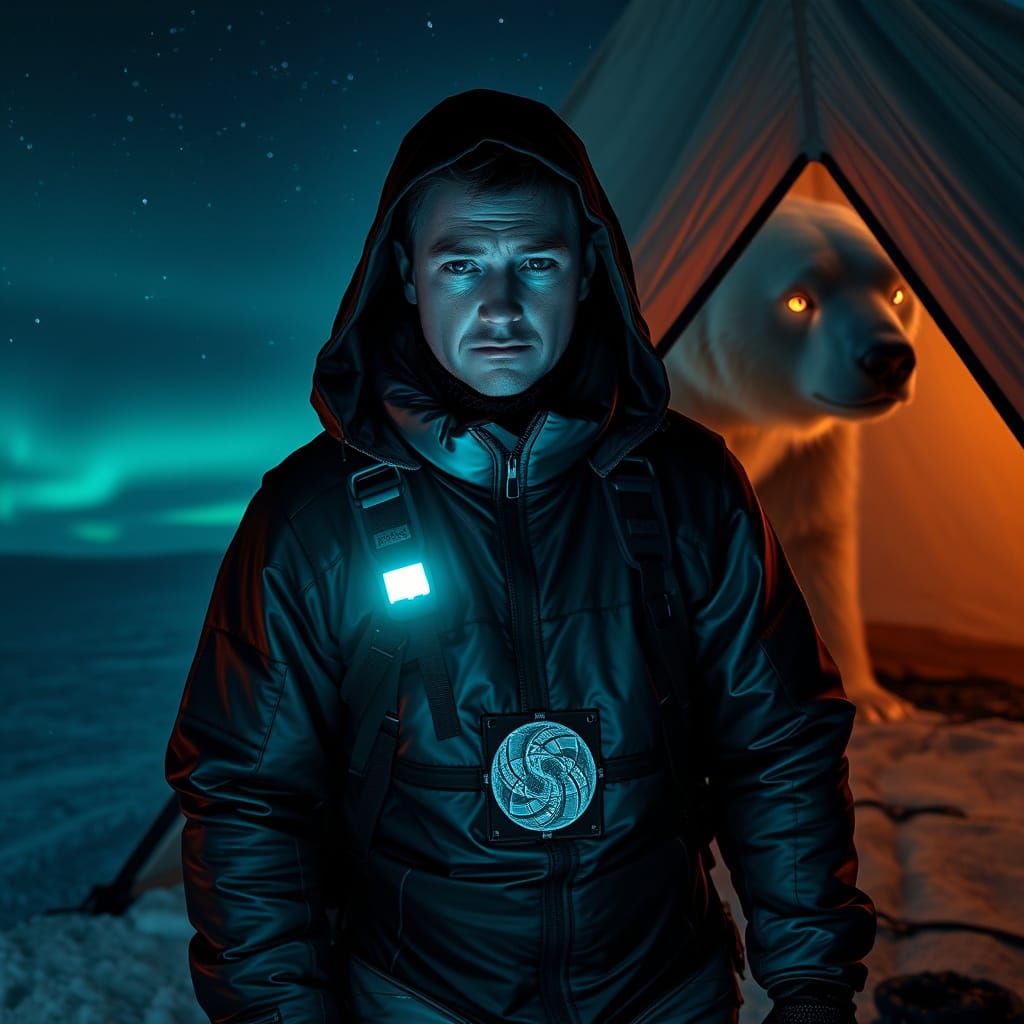 Hiker in Neon-Lit Gear Confronts Polar Bear Under Midnight A...