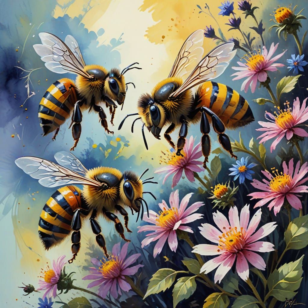 Epic Impressionist Masterpiece of Bees in Gouache Style