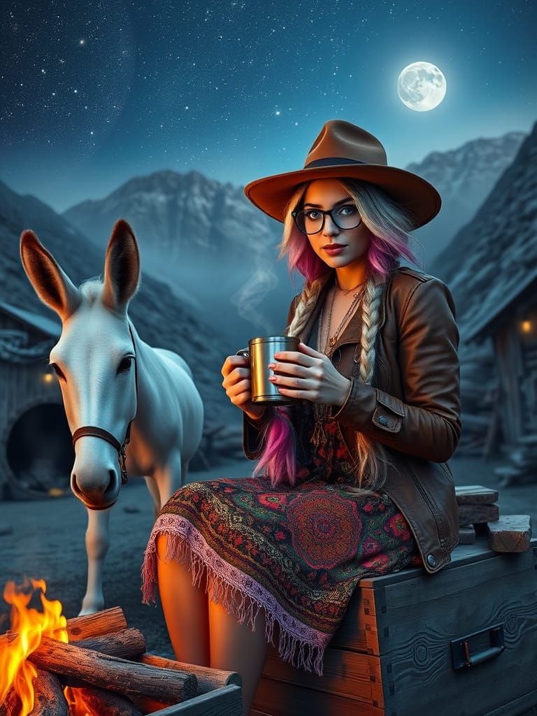 Boho Woman at Campfire Under Starry Sky