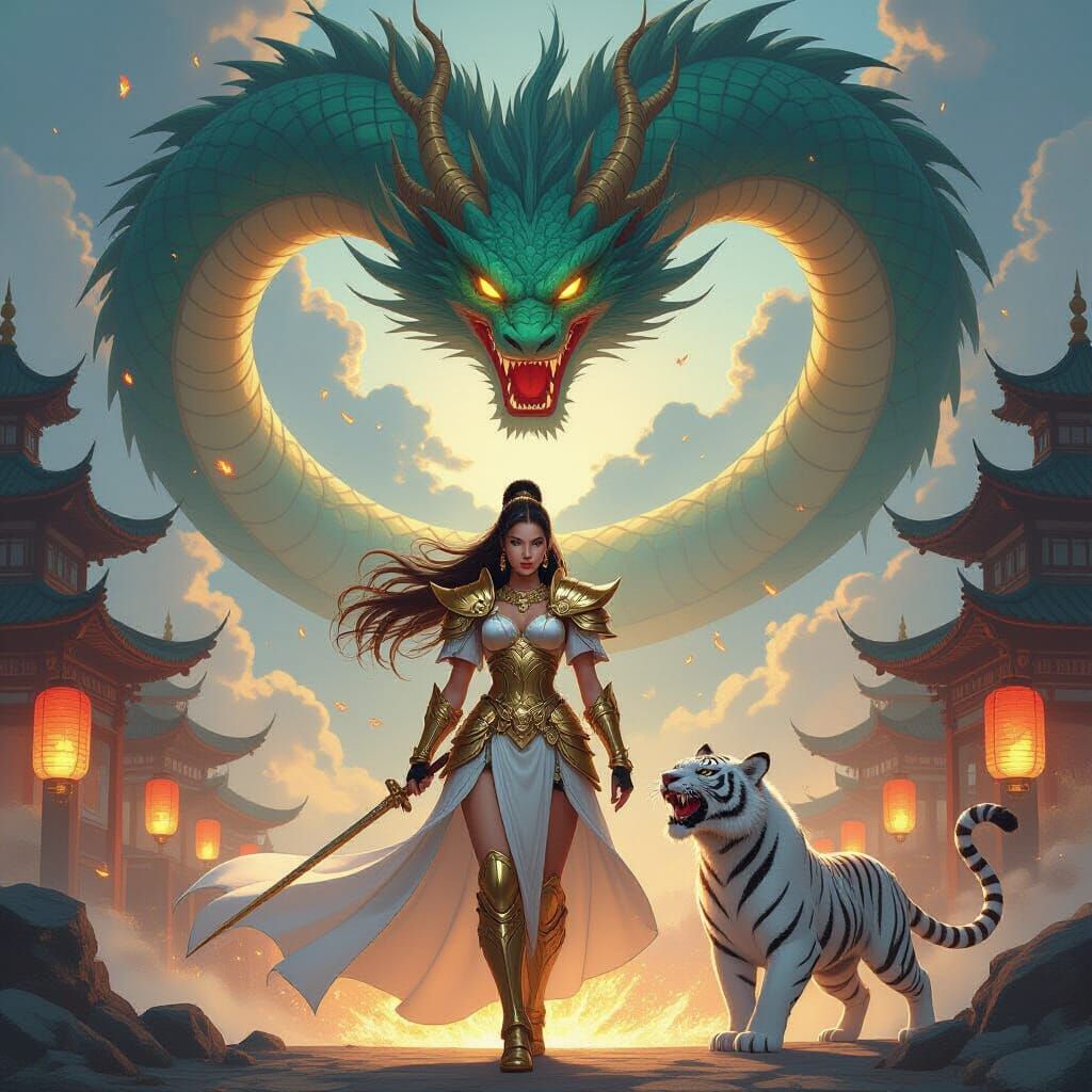 Warrior Princess and Dragon in Dreamlike Style