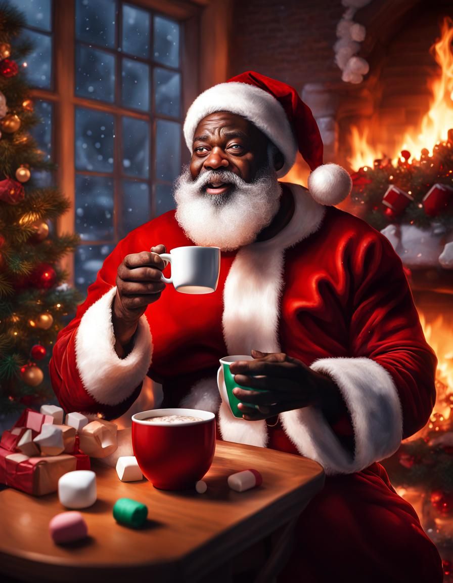 Hyperrealistic Black Santa Claus with Hot Chocolate