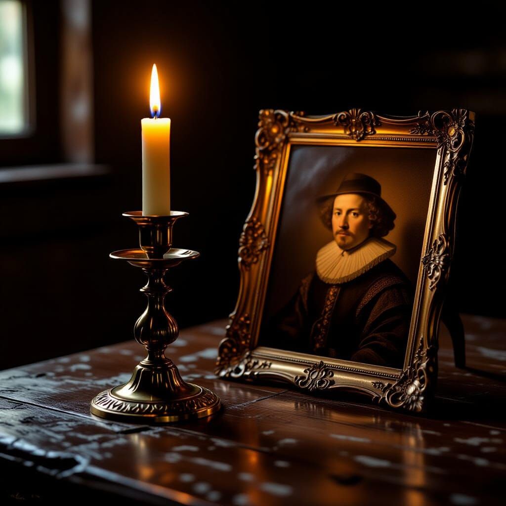 Candlelight Illuminates Antique Photo on Wooden Table