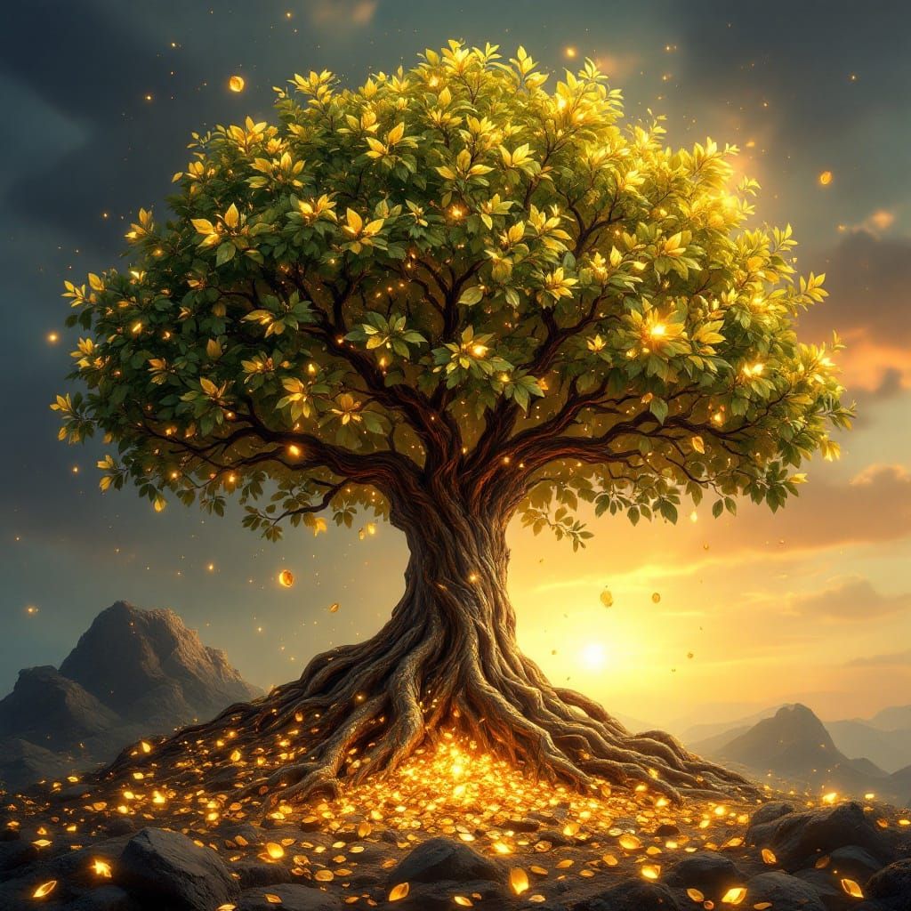 Golden Tree of Prosperity in Fantasy Art Style