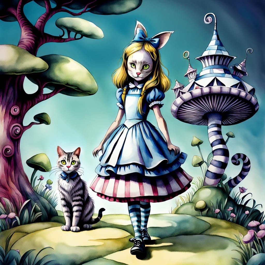 Alice in Wonderland Watercolour Illustration with 3D Shading