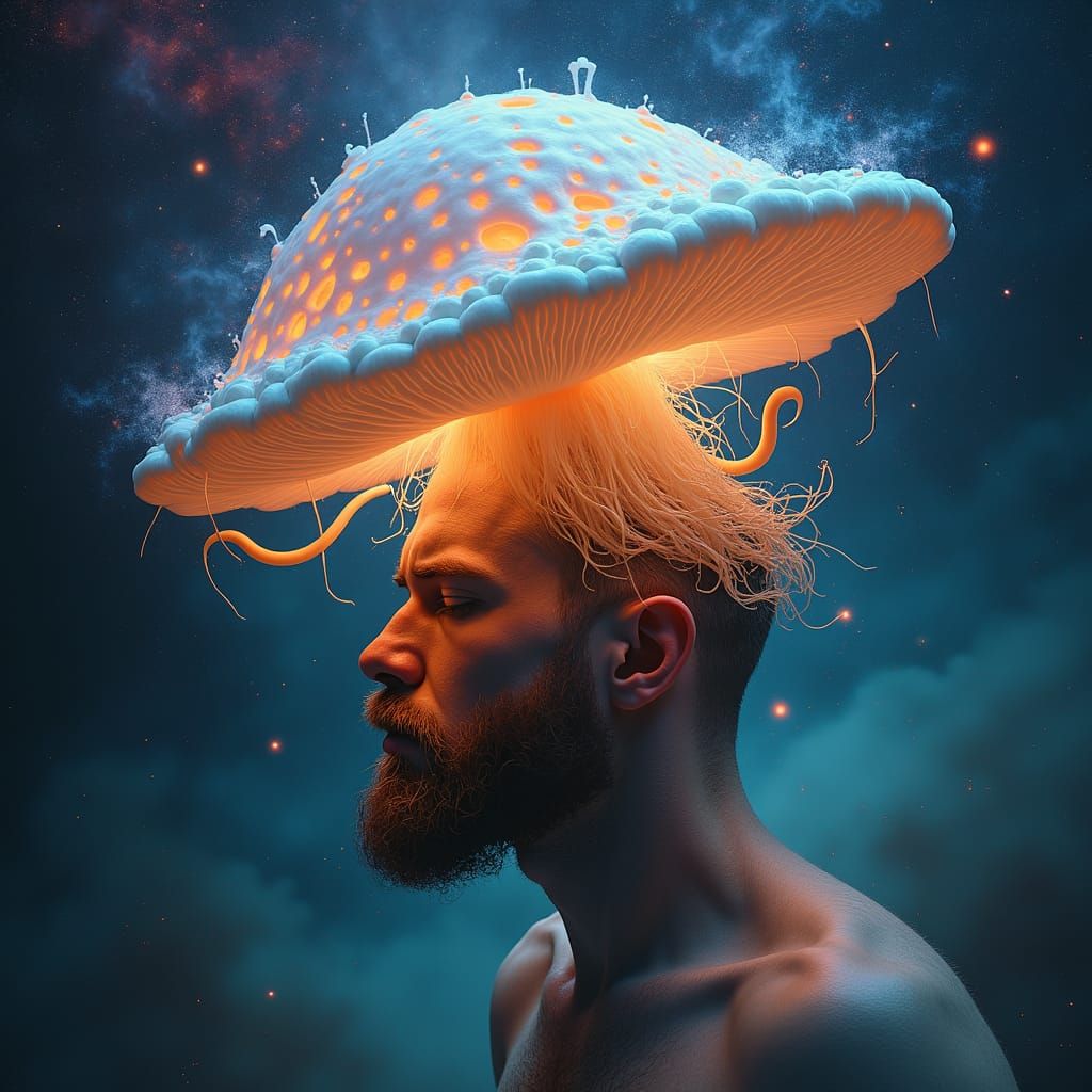 Surreal Mushroom Bursting from Man's Head