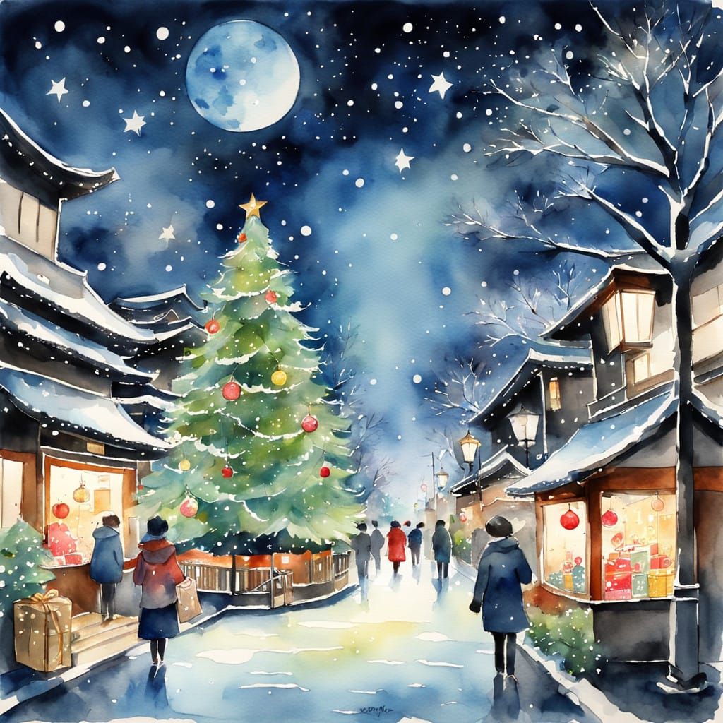 Tokyo Nightscape Under Twinkling Stars in Watercolor Style