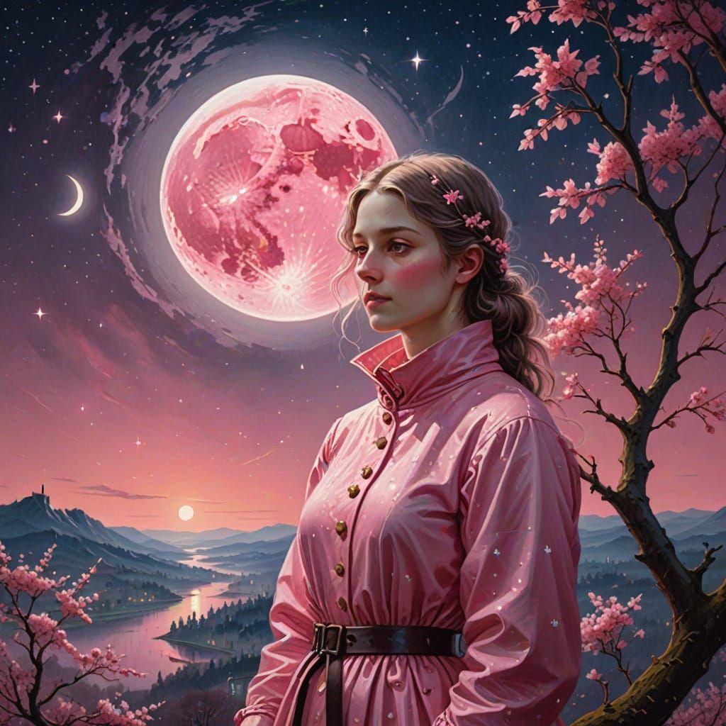 Romantic Oil Painting of a Girl in Cherry Outfit Under Glitt...