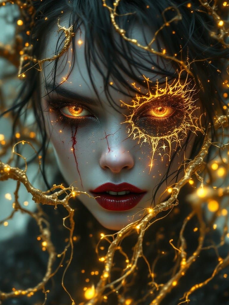 Ethereal Queen with Fractured Visage and Otherworldly Energy