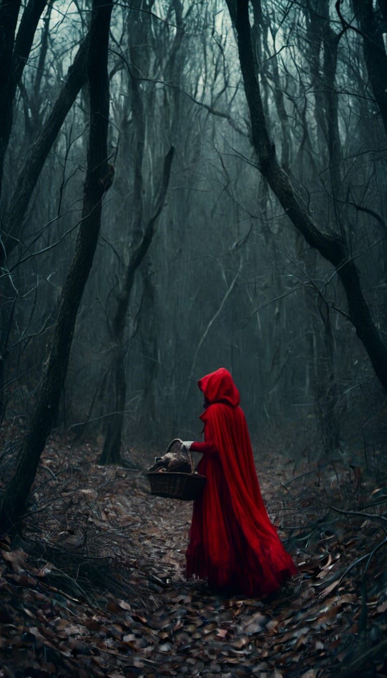 Macabre Red Riding Hood in Dark Woods