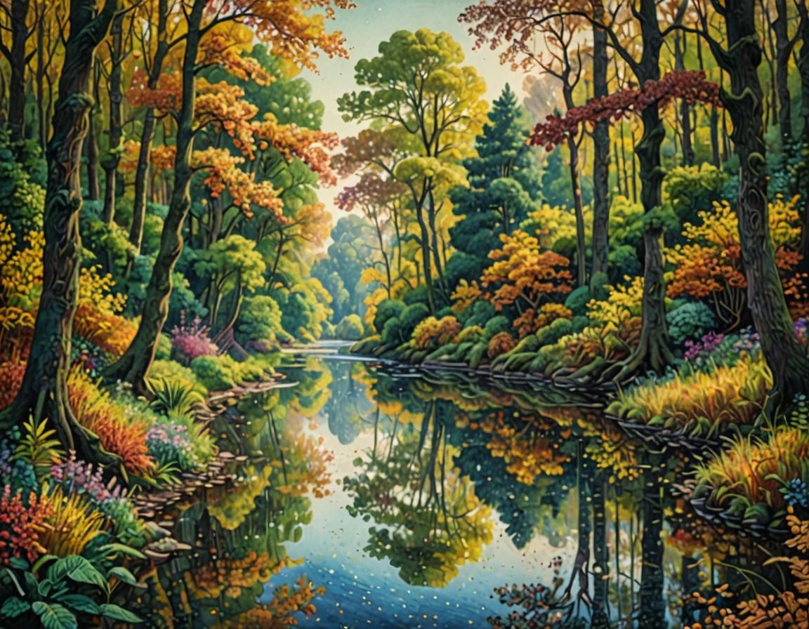 Autumnal Forest River in Pointillist Style
