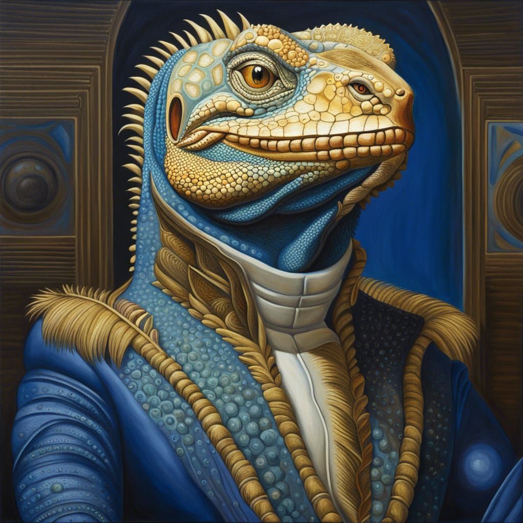 Iguana Overlord: Surreal Oil Portrait in Gold and Ultramarin...