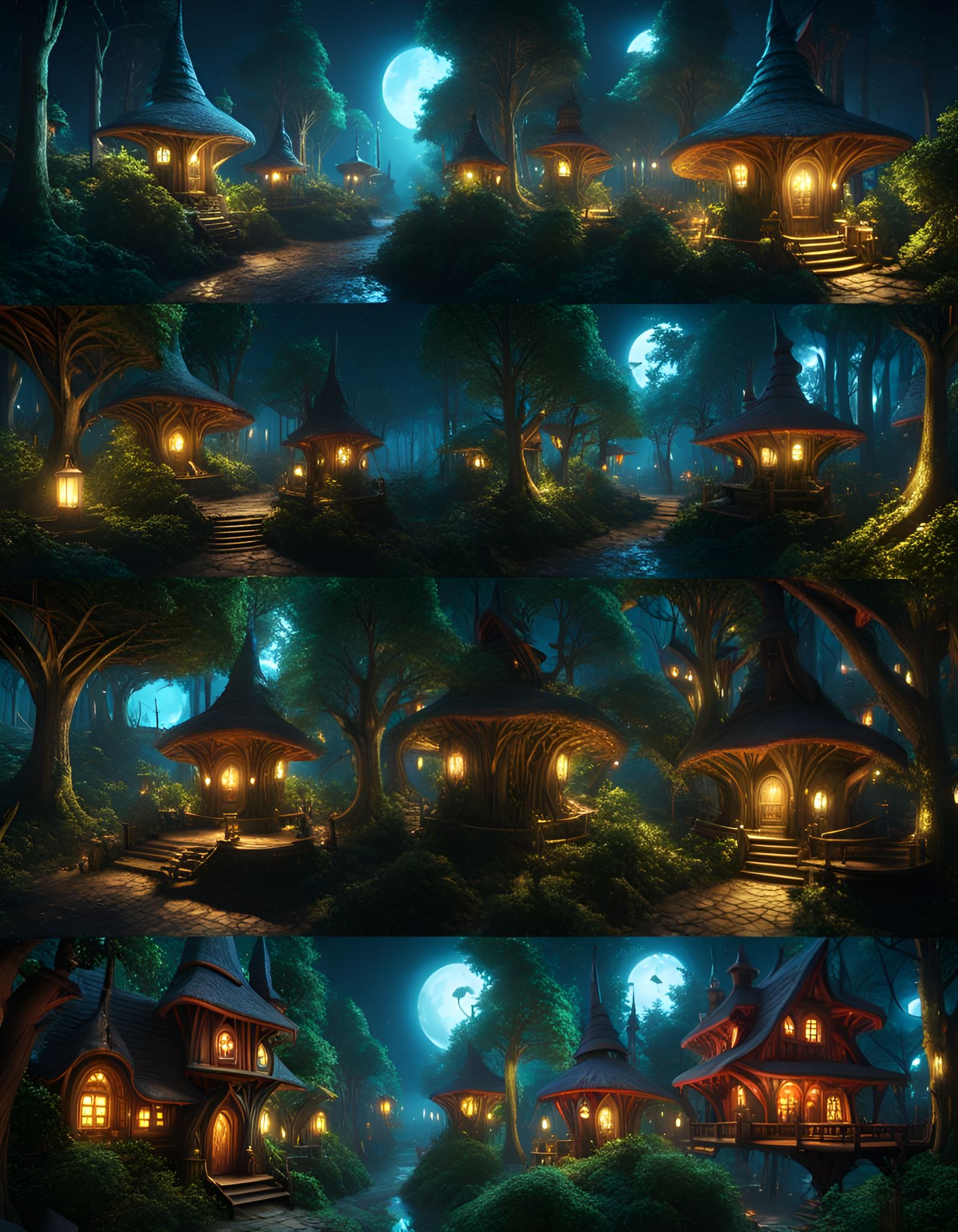 Goblincore Tree City: Fantasy Elven Village at Night