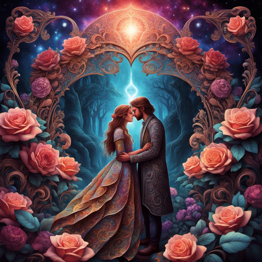 Romantic Couple Surrounded by Roses and Chocolates in Cosmic...