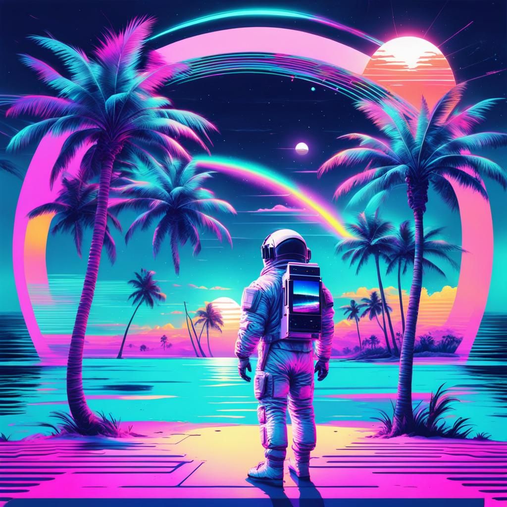 Vaporwave Astronaut on Neon Palm Beach