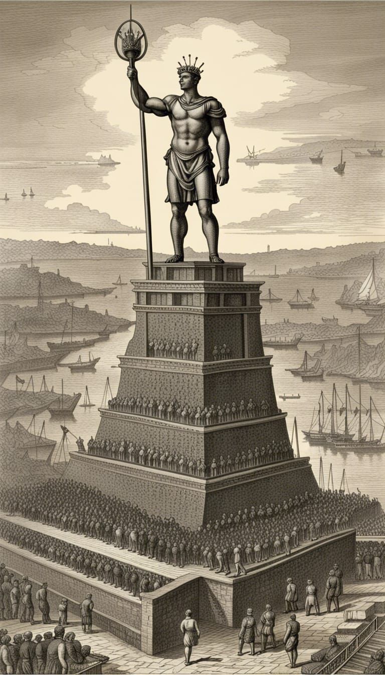 Detailed Engraving of the Colossus of Rhodes