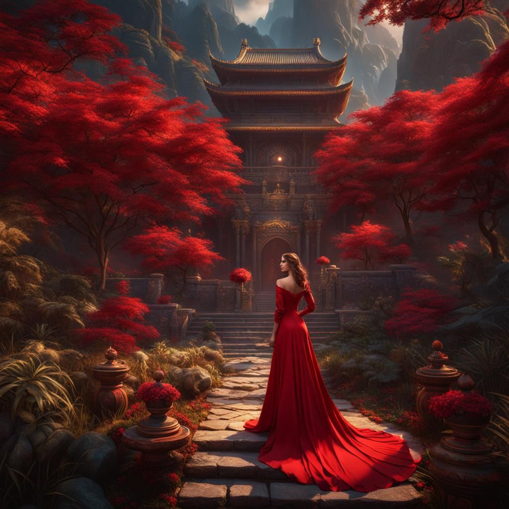 Red Dress with Terno Sleeves in Detailed Painting