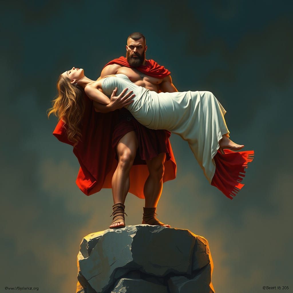 Heroic Warrior Lifts Elegant Woman in Ancient Mythological S...
