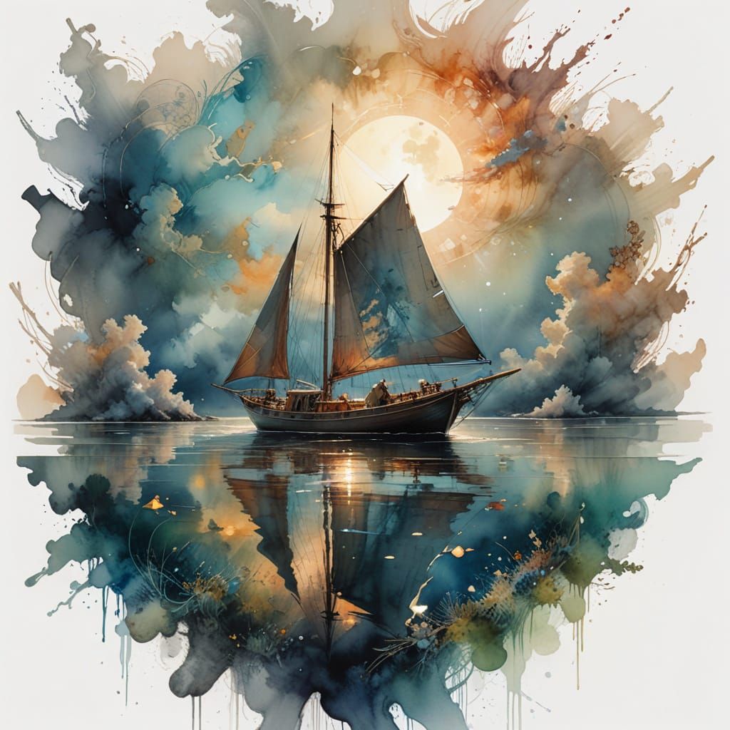Moonlit Sailboat Drifts Across Calm Waters in Ethereal Beaut...