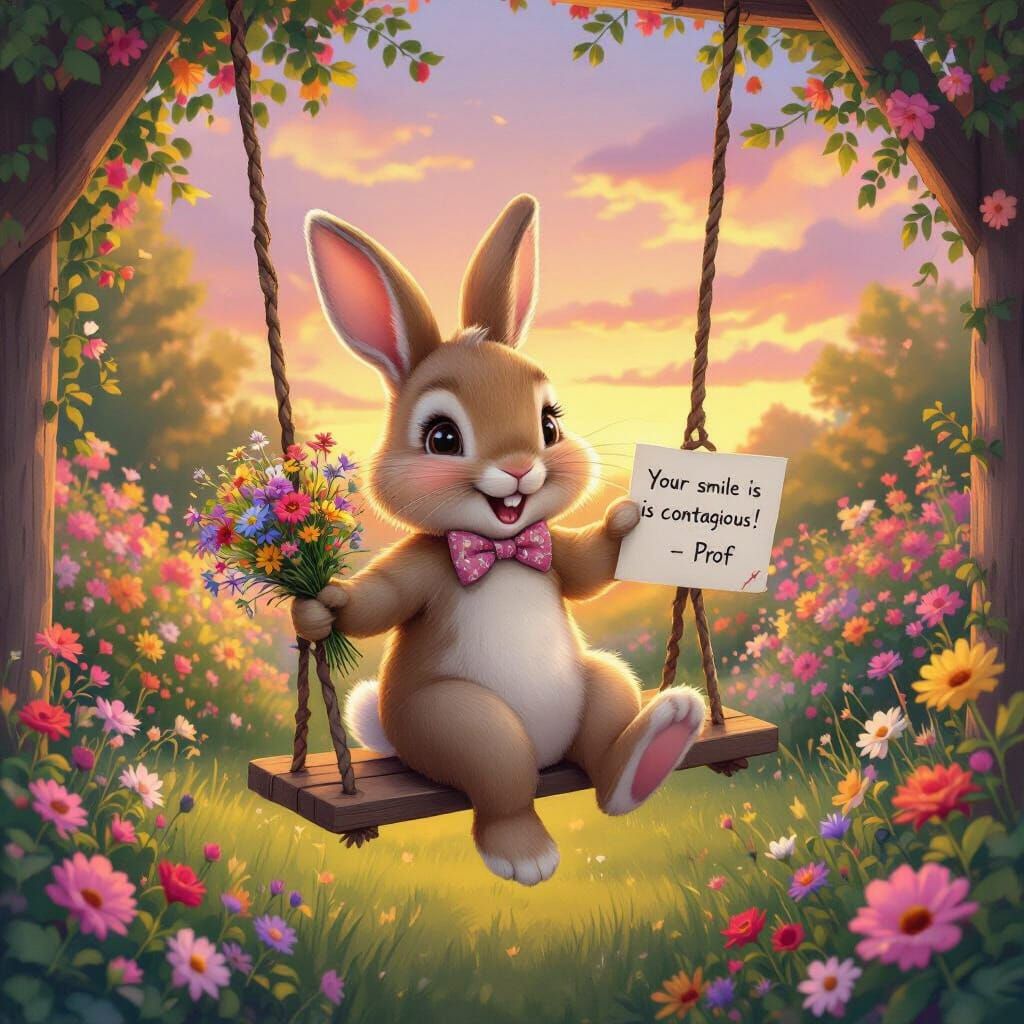 Bunny on Swing at Sunset with Flowers and Note