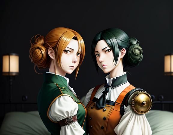 Kemono Twin Sisters Kissing in Steampunk Manga Style