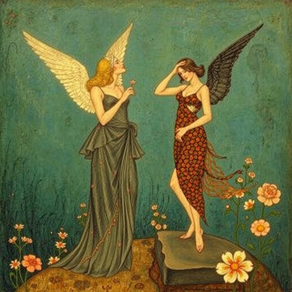 Art Nouveau Allegory in Pointillist Oil Painting Style